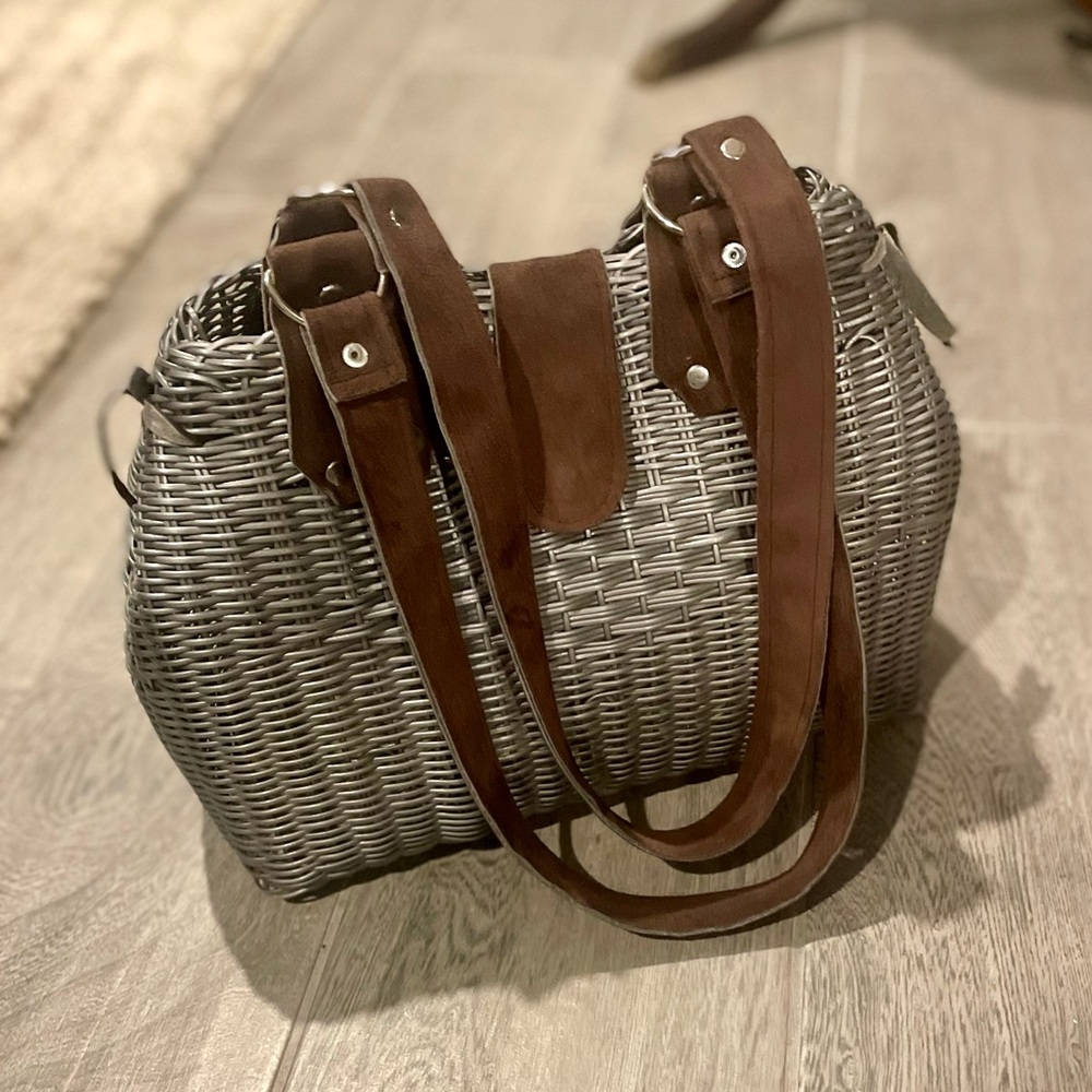 Dusty Blue Woven Bag with Brown Suede Straps